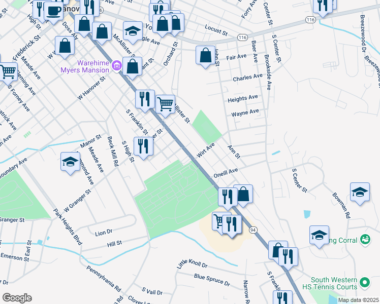 map of restaurants, bars, coffee shops, grocery stores, and more near 598 Baltimore Street in Hanover