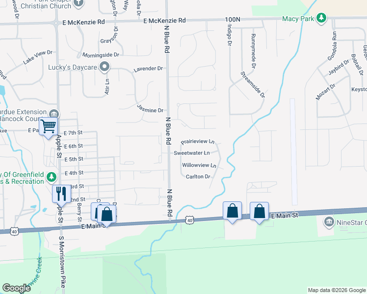 map of restaurants, bars, coffee shops, grocery stores, and more near 1596 Prairieview Lane in Greenfield