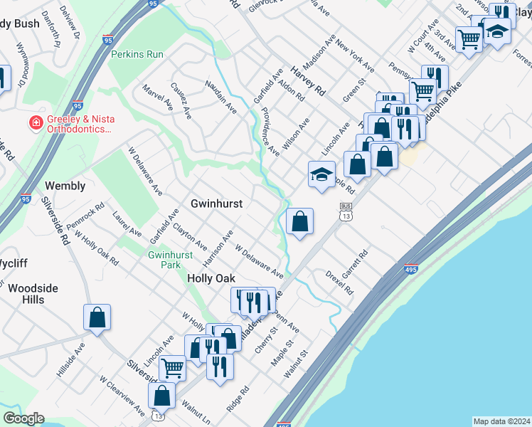 map of restaurants, bars, coffee shops, grocery stores, and more near 103 Milford Avenue in Wilmington