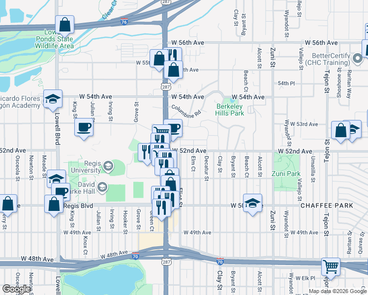 map of restaurants, bars, coffee shops, grocery stores, and more near 2889 West Parkside Place in Denver