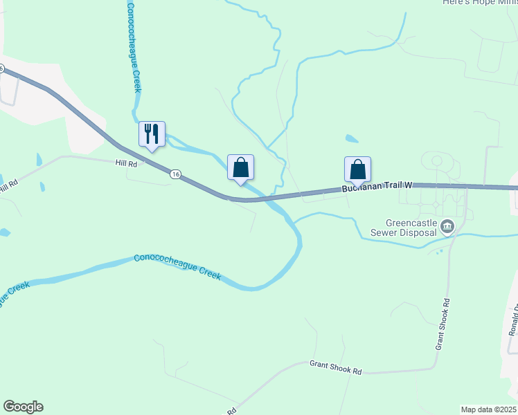 map of restaurants, bars, coffee shops, grocery stores, and more near 2370 Buchanan Trail West in Greencastle