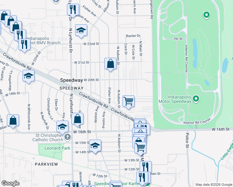 map of restaurants, bars, coffee shops, grocery stores, and more near 1925 North Auburn Street in Indianapolis