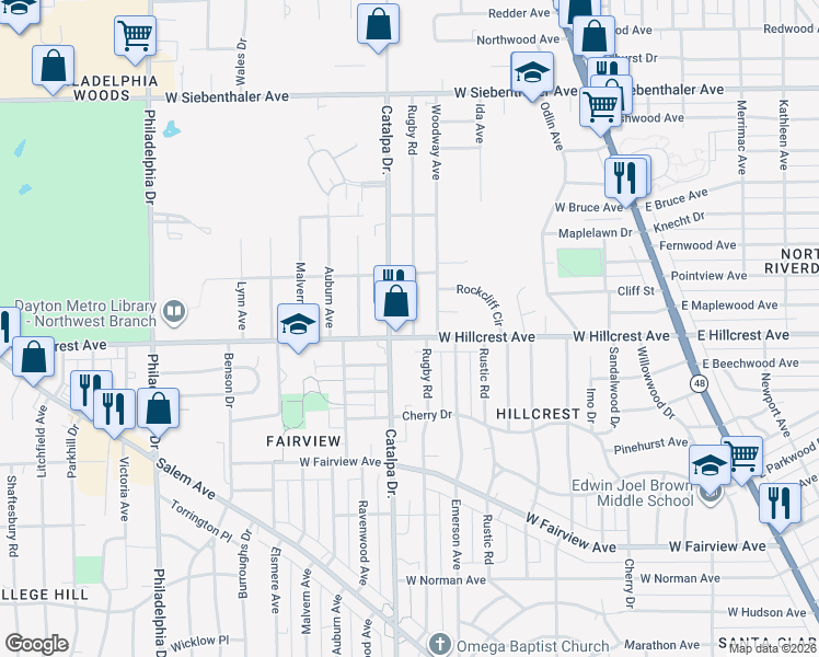 map of restaurants, bars, coffee shops, grocery stores, and more near 2435 Rugby Road in Dayton
