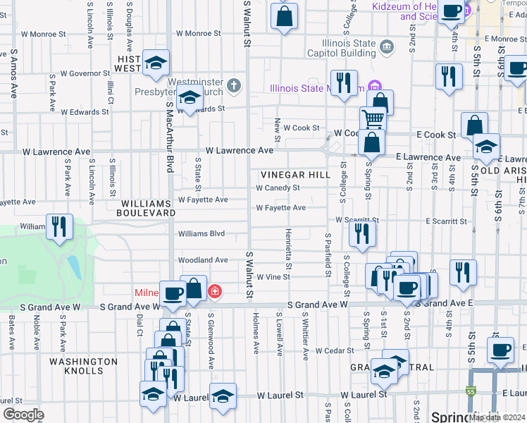 map of restaurants, bars, coffee shops, grocery stores, and more near 536 West Fayette Avenue in Springfield