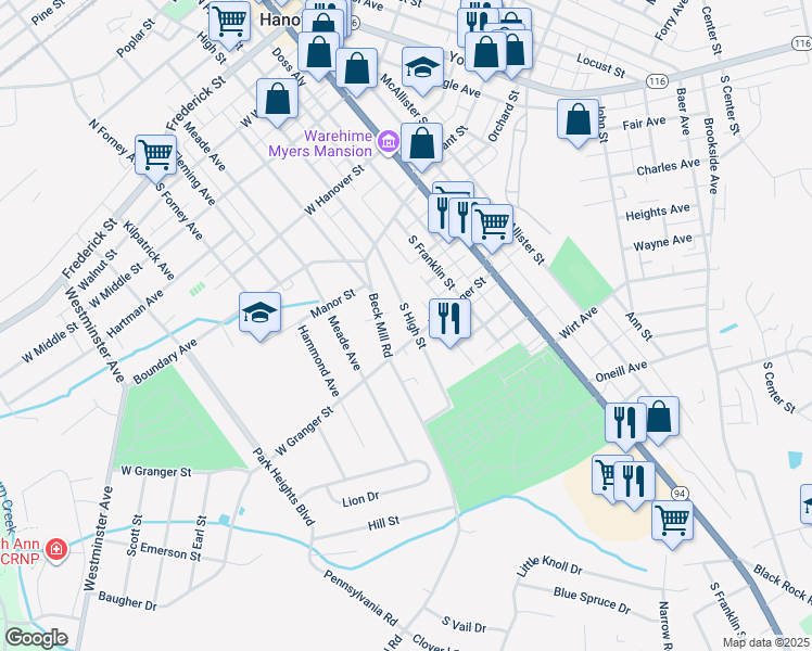 map of restaurants, bars, coffee shops, grocery stores, and more near 455 South High Street in Hanover