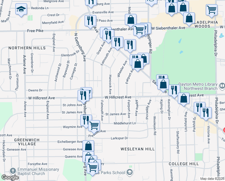map of restaurants, bars, coffee shops, grocery stores, and more near 2441 Hancock Avenue in Dayton