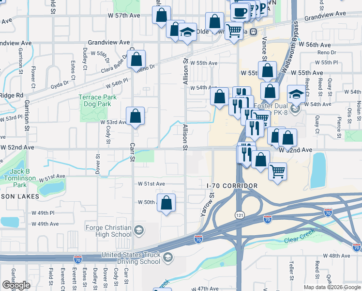 map of restaurants, bars, coffee shops, grocery stores, and more near 8021 West 52nd Avenue in Arvada
