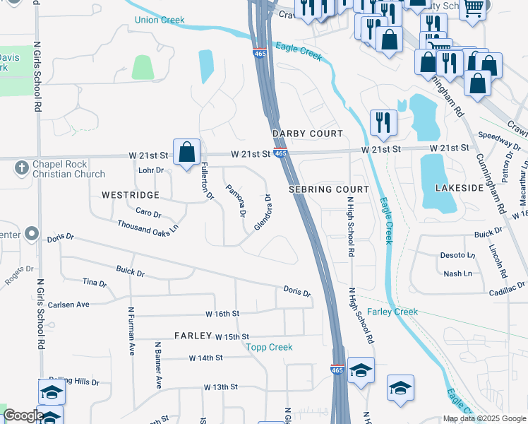 map of restaurants, bars, coffee shops, grocery stores, and more near 6549 Glendora Court in Indianapolis