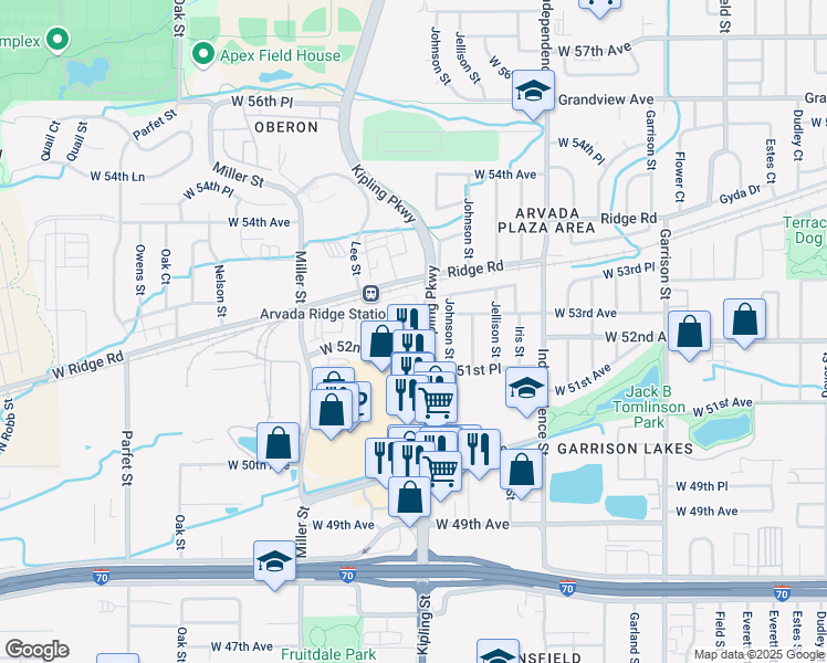 map of restaurants, bars, coffee shops, grocery stores, and more near 9905 West 53rd Avenue in Arvada