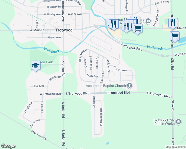 map of restaurants, bars, coffee shops, grocery stores, and more near 43 Stubbs Drive in Dayton