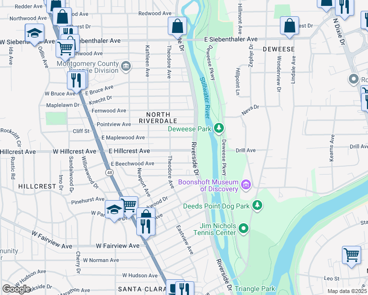 map of restaurants, bars, coffee shops, grocery stores, and more near 338 East Maplewood Avenue in Dayton