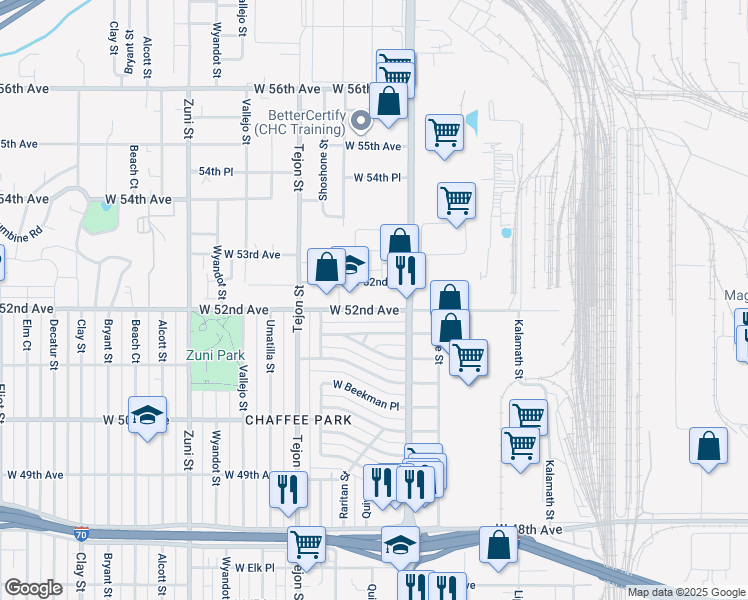 map of restaurants, bars, coffee shops, grocery stores, and more near 1843 West 52nd Avenue in Denver