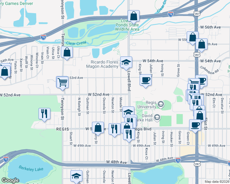 map of restaurants, bars, coffee shops, grocery stores, and more near 5251 Meade Street in Denver