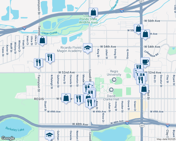 map of restaurants, bars, coffee shops, grocery stores, and more near 5242 Lowell Boulevard in Denver