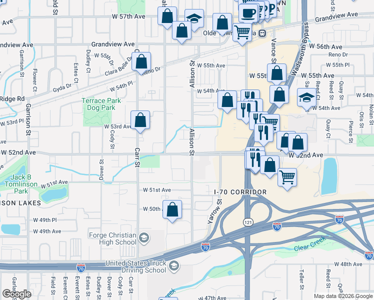 map of restaurants, bars, coffee shops, grocery stores, and more near 5215 Allison Street in Arvada