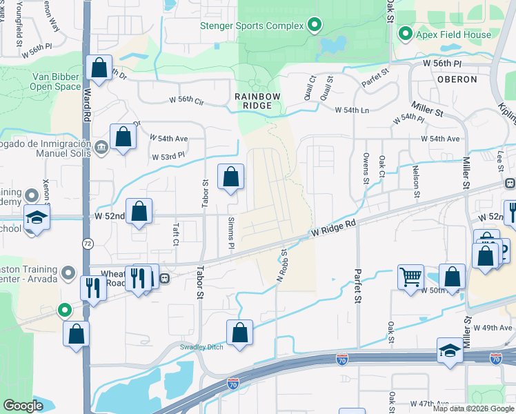 map of restaurants, bars, coffee shops, grocery stores, and more near 11721 West 52nd Avenue in Wheat Ridge