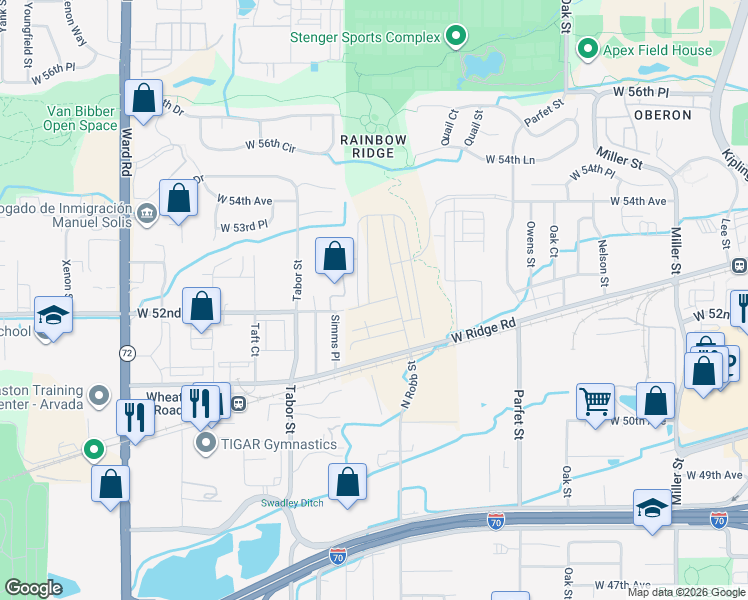 map of restaurants, bars, coffee shops, grocery stores, and more near 11721 West 52nd Avenue in Wheat Ridge