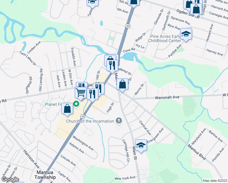 map of restaurants, bars, coffee shops, grocery stores, and more near 70 Mantua Boulevard in Mantua Township
