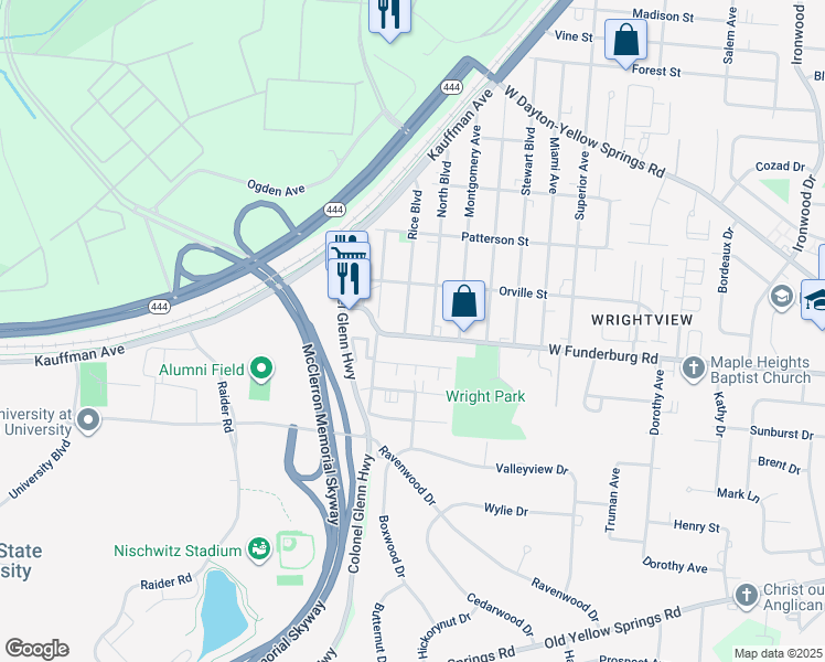 map of restaurants, bars, coffee shops, grocery stores, and more near 1878 Rice Boulevard in Fairborn