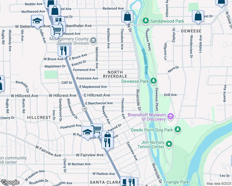 map of restaurants, bars, coffee shops, grocery stores, and more near 200 East Maplewood Avenue in Dayton