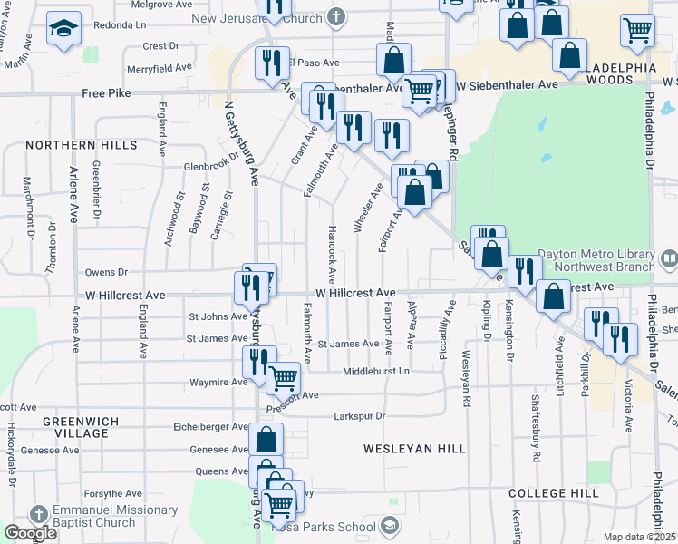 map of restaurants, bars, coffee shops, grocery stores, and more near 2441 Hancock Avenue in Dayton