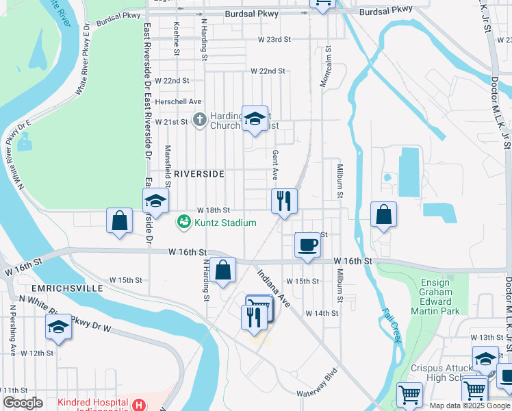 map of restaurants, bars, coffee shops, grocery stores, and more near 1225 Herbert Street in Indianapolis