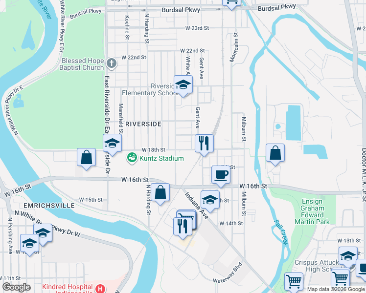map of restaurants, bars, coffee shops, grocery stores, and more near 1225 Herbert Street in Indianapolis