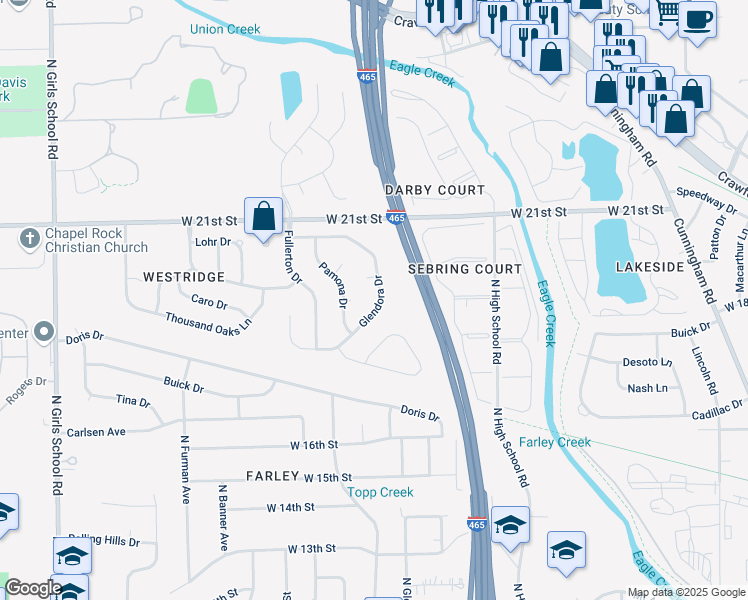 map of restaurants, bars, coffee shops, grocery stores, and more near 6549 Glendora Court in Indianapolis