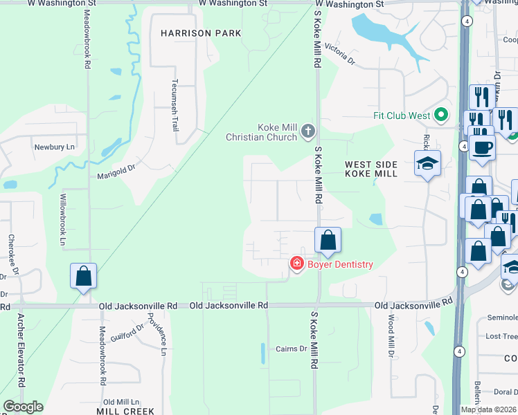 map of restaurants, bars, coffee shops, grocery stores, and more near 605 Black Hills Drive in Springfield