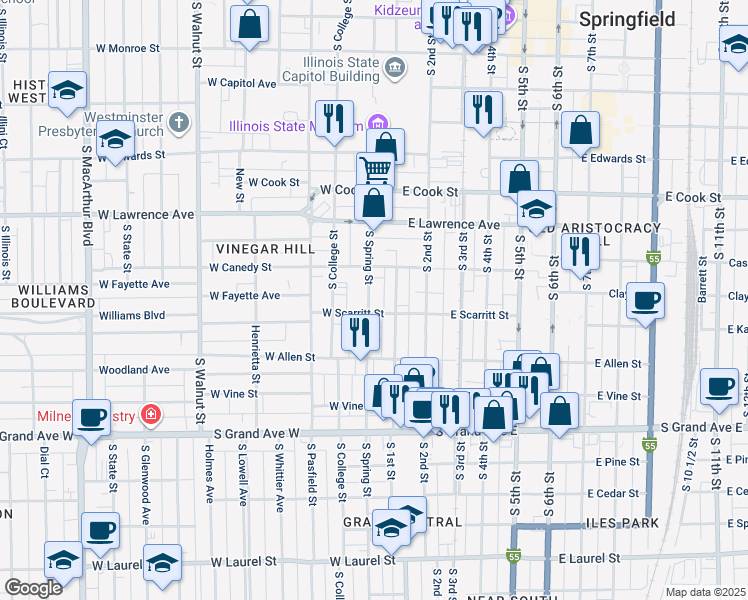map of restaurants, bars, coffee shops, grocery stores, and more near 938 South Spring Street in Springfield