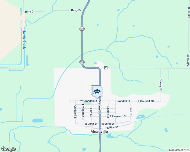 map of restaurants, bars, coffee shops, grocery stores, and more near County Road Y in Meadville