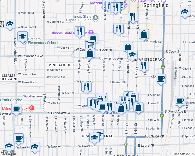 map of restaurants, bars, coffee shops, grocery stores, and more near 917 South 1st Street in Springfield