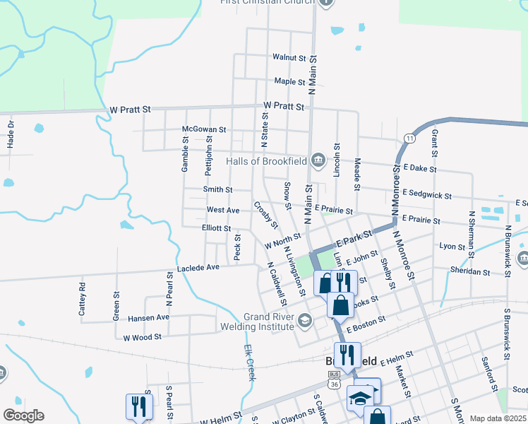 map of restaurants, bars, coffee shops, grocery stores, and more near 601 Crosby Street in Brookfield