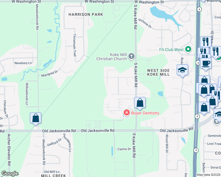 map of restaurants, bars, coffee shops, grocery stores, and more near 605 Black Hills Drive in Springfield