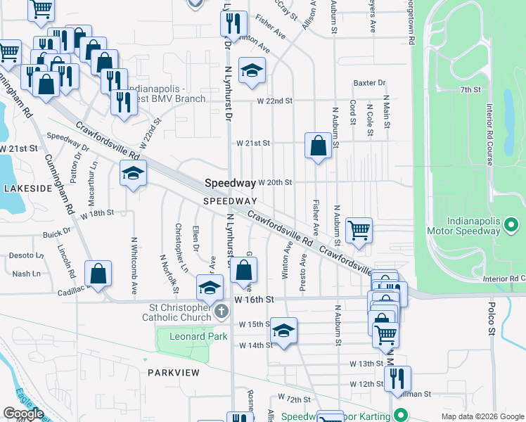 map of restaurants, bars, coffee shops, grocery stores, and more near 1912 Allison Avenue in Speedway