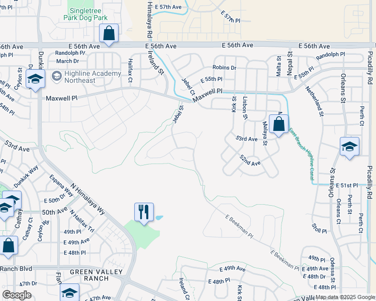 map of restaurants, bars, coffee shops, grocery stores, and more near 5240 Jericho Street in Denver