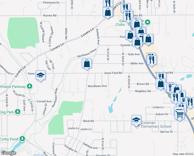 map of restaurants, bars, coffee shops, grocery stores, and more near 2619 Parallel Avenue in Saint Joseph