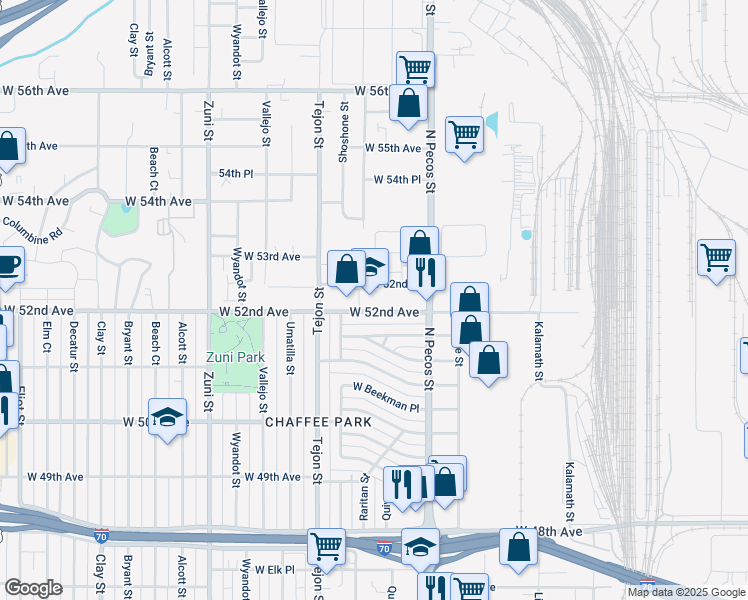 map of restaurants, bars, coffee shops, grocery stores, and more near 1843 West 52nd Avenue in Denver