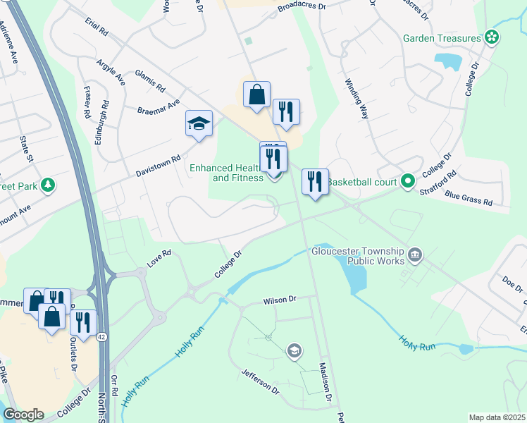 map of restaurants, bars, coffee shops, grocery stores, and more near 1451 Little Gloucester Road in Camden County