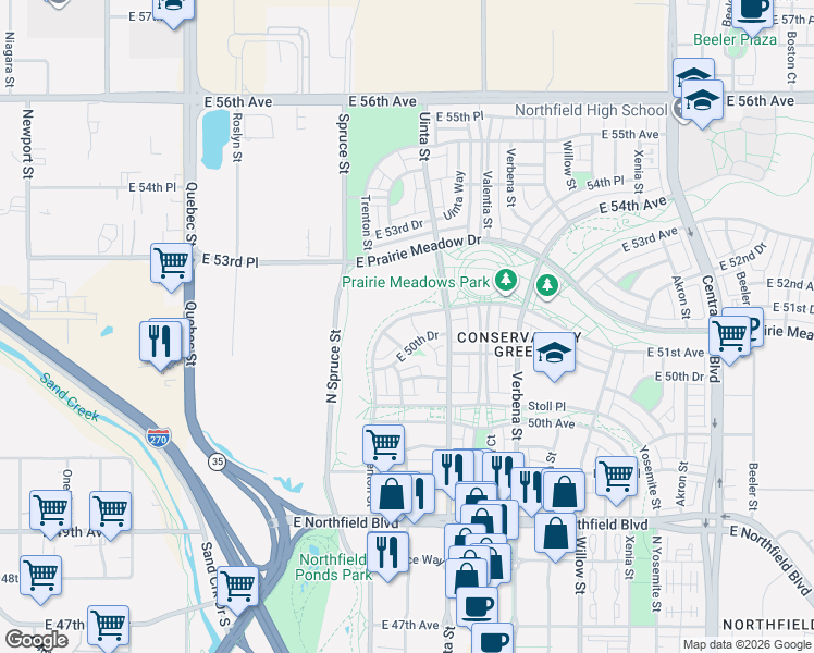 map of restaurants, bars, coffee shops, grocery stores, and more near 7984 East 51st Avenue in Denver