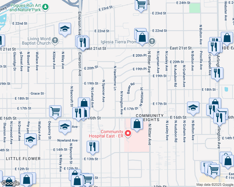 map of restaurants, bars, coffee shops, grocery stores, and more near 1850 North Hawthorne Lane in Indianapolis