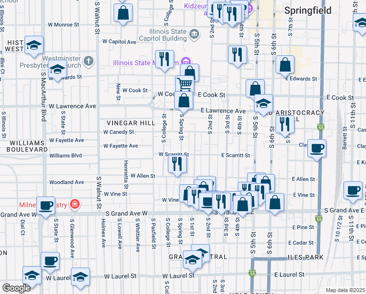 map of restaurants, bars, coffee shops, grocery stores, and more near 936 South Spring Street in Springfield