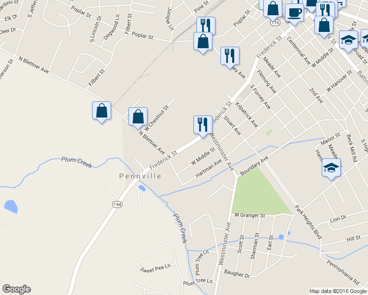 map of restaurants, bars, coffee shops, grocery stores, and more near 637 Frederick Street in Hanover