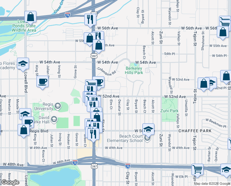 map of restaurants, bars, coffee shops, grocery stores, and more near 2835 West Parkside Place in Denver