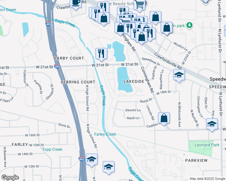 map of restaurants, bars, coffee shops, grocery stores, and more near 1910 Runaway Bay Lane in Speedway