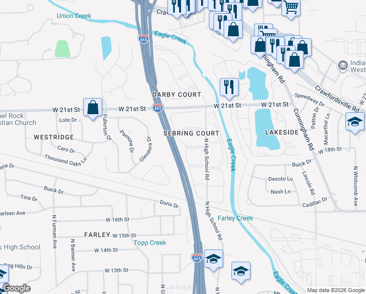 map of restaurants, bars, coffee shops, grocery stores, and more near 1902 Parsons Drive in Indianapolis