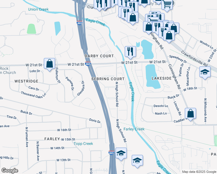 map of restaurants, bars, coffee shops, grocery stores, and more near 1902 Parsons Drive in Indianapolis