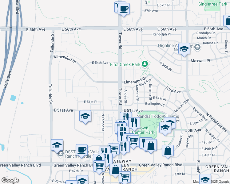 map of restaurants, bars, coffee shops, grocery stores, and more near 18400 Elmendorf Drive in Denver