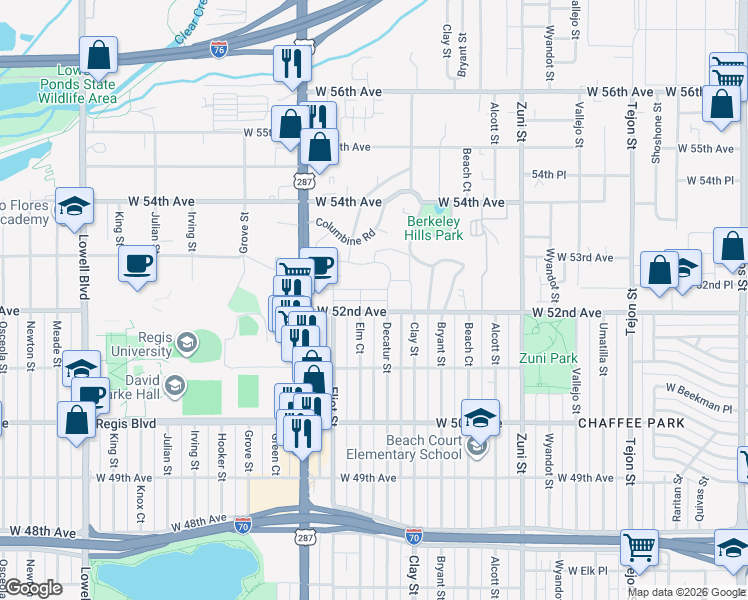 map of restaurants, bars, coffee shops, grocery stores, and more near 2835 West Parkside Place in Denver