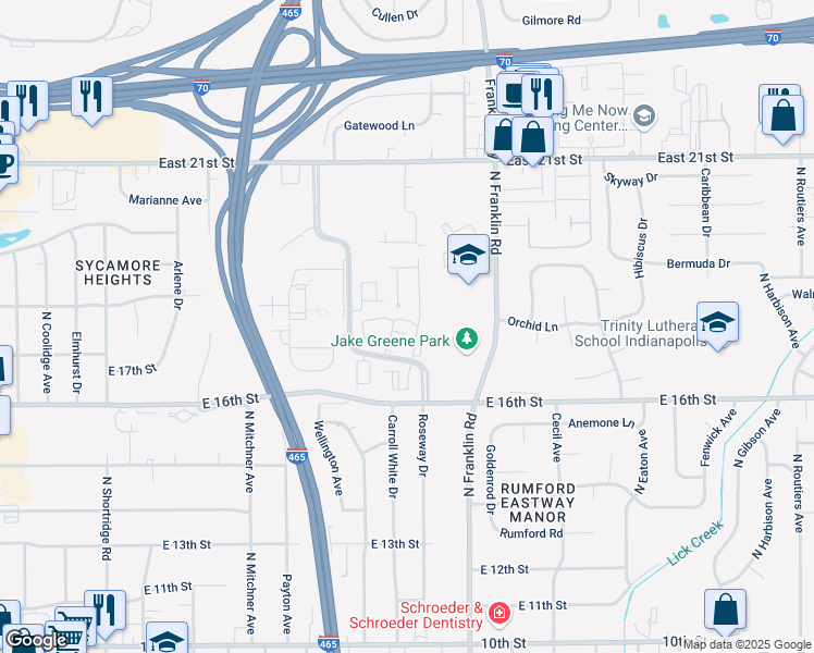 map of restaurants, bars, coffee shops, grocery stores, and more near 1804 Queensbridge Circle in Indianapolis